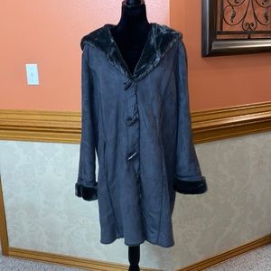 Coldwater Creek Brown Faux Fur Shearling Suede Leather Winter Hooded Coat 2X